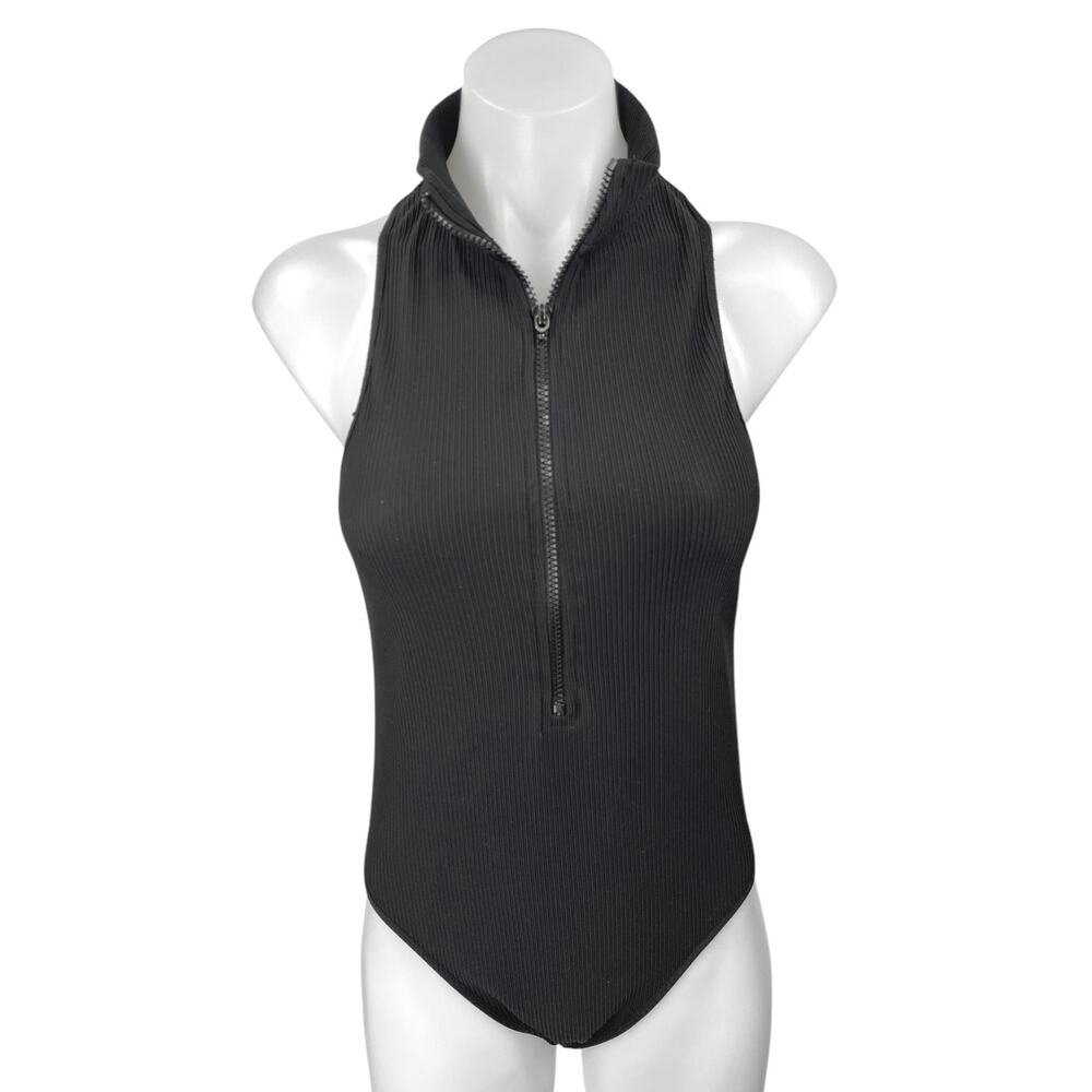 Topshop Black Rib Knit Sleeveless Zip Racerback Bodysuit Polo Sweater Tank Top 8